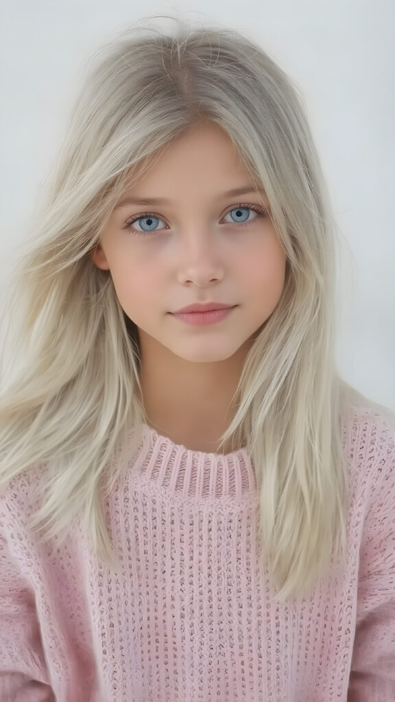 A (((beautiful, cute, and slender young girl))), age 18, with (light tan skin) and (very long, straight, thick, white golden blonde hair) (blowing in the breeze) that gives off a youthful glow, paired with (adorable puffy light blue eyes) that emit a sense of realism, all framed by a cozy (pastel color sweater) and (matching pastel blue jeans) cut in a (soft, pastel aesthetic) style that complements her (cheerful, happy expression) full body view