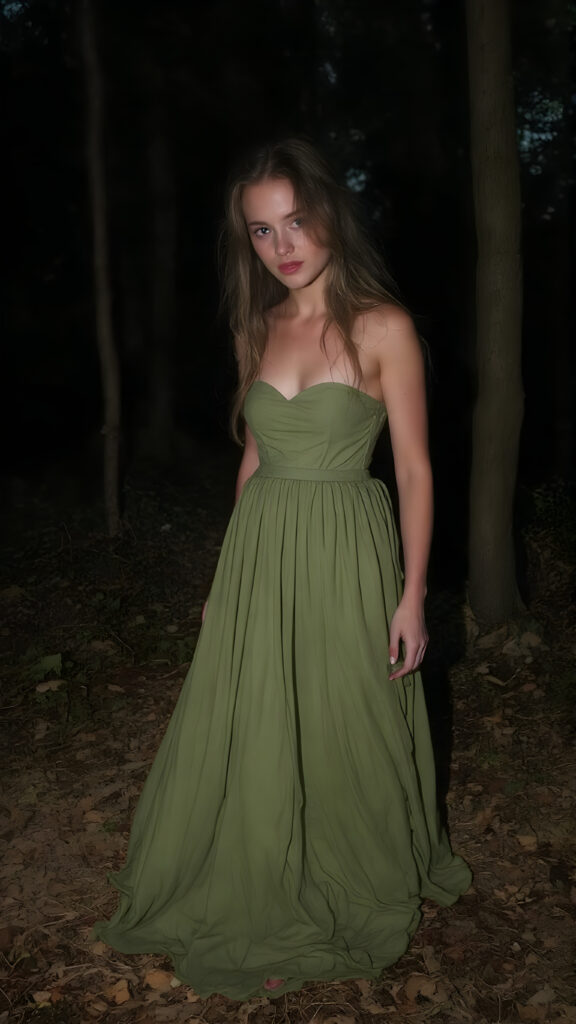 A (((beautiful girl))) in a ((forest at night)), with ((pale skin)) and ((brightly colored eyes)), dressed in a flowing (((long green dress))), which gently billows around her form, accentuating her slender figure and softly illuminated by the glow of (natural forest light)