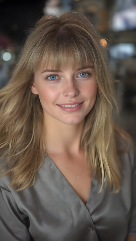 A (((beautiful young woman))) age 25, with flowing, (((straight blonde hair with bangs))), and (((shimmering blue eyes))), dressed in a sleek, ((silver blouse and blue jeans)), exuding an air of sophistication and confidence. Her (((perfect complexion))) complements her youthful features, giving off an ethereal glow. She's perfectly happy and content, smiling warmly for the camera. The scene is set against a backdrop of the (night), highlighting her face's intricate details.