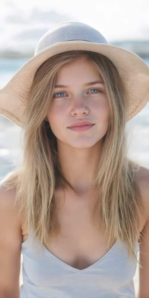 A (((beautiful young teen girl with exceptionally long, thick, straight blond brown hair, right and left the same length))), wearing (((light denim shorts, light grey cropped tank top, deep v-neck))), a ((sunhat))) that accentuates her (((perfectly curved figure))), with (pale skin) and (brightly blue eyes) that exude an air of youthful confidence and whimsy, complemented by (((white skin with barely visible freckles))), and (((full, defined lips))) that add a playful touch to her face. Her (((eyes are a captivating shade of blue))), yet they remain distinctly casual, with (long, straight wavy) that frame her face in a warm, inviting glow. The scene is a summer day at the beach, with the sun's rays reaching out towards her, reflecting off her hair and skin for a serene, sun-kissed glow. She has (((the most perfectly straight, level white teeth in the world))) that add to her overall beauty and complement her youthful appearance