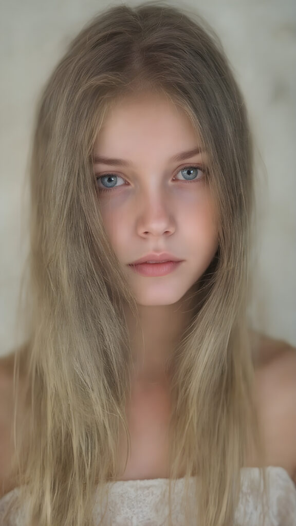 A (((beautiful cute young girl))), age 18, with (((extremely long, straight hair))), that gracefully (((falls down))) in soft (((waves))), blending into a backdrop of a (round, squarish face) with (eyes that convey a sense of innocence and wonder), as if lost in a moment of serene (breathtaking beauty). The scene evokes a feeling of warmth and magic