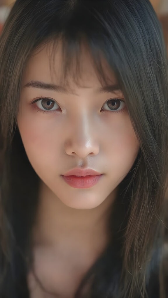 A (((beautiful Japanese girl))) who exudes an air of youthful confidence, with (((half-long, straight silky black hair))), that falls in soft, gentle waves framing her face, plump full red lips, complemented by delicate, (((freckles))). Her features are (((perfectly symmetrical))), with (((bright, piercing red eyes))), that gives off an ethereal glow. Looking directly into the camera, she emits an unmistakable air of elegance and grace, the overall atmosphere of the photograph is one of (extreme detail and clarity) that reflects a (hyper realistic and hyper detailed rendering) of this stunningly beautiful scene, showcasing this breathtaking girl in a truly unforgettable moment.