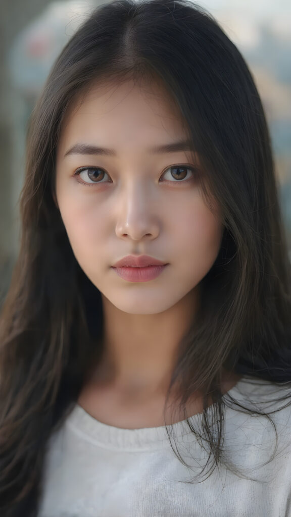 A (((beautiful Asian girl))) who exudes an air of youthful confidence, with (((long, straight silky black hair))), that falls in soft, gentle waves framing her face, complemented by delicate, (((freckles))). Her features are (((perfectly symmetrical))), with (((bright, piercing red eyes))), that gives off an ethereal glow. Looking directly into the camera, she emits an unmistakable air of elegance and grace. (((Full body view))) The overall atmosphere of the photograph is one of (extreme detail and clarity) that reflects a (hyper realistic and hyper detailed rendering) of this stunningly beautiful scene, showcasing this breathtaking girl in a truly unforgettable moment.