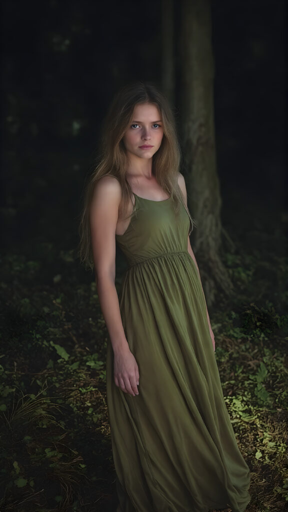 A (((beautiful girl))) in a ((forest at night)), with ((pale skin)) and ((brightly colored eyes)), dressed in a flowing (((long green dress))), which gently billows around her form, accentuating her slender figure and softly illuminated by the glow of (natural forest light)