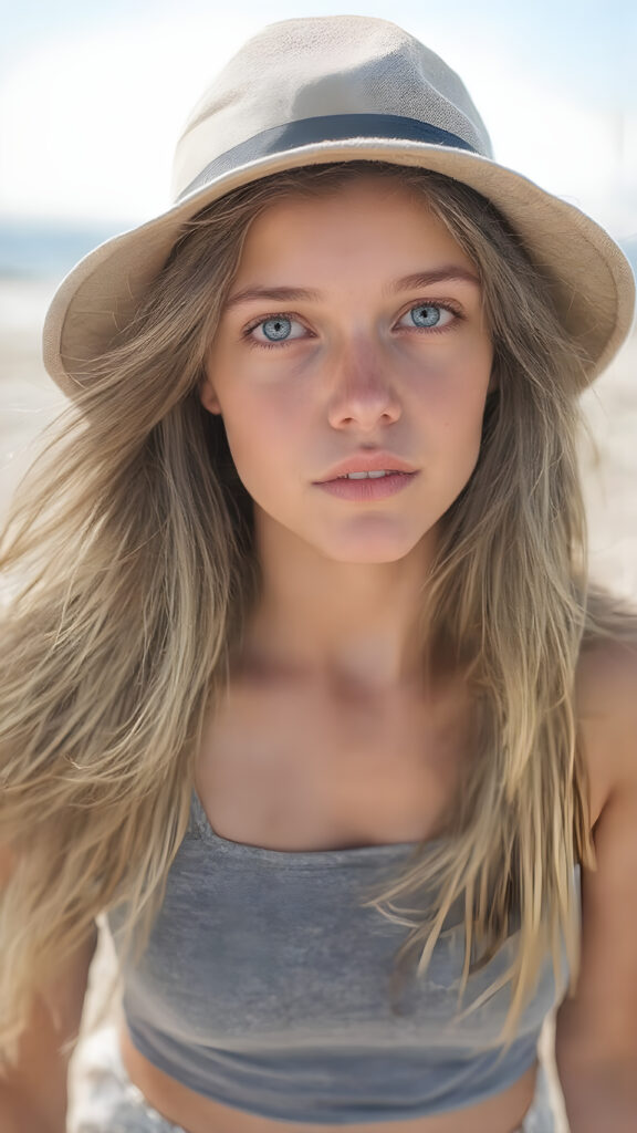 A (((beautiful girl with exceptionally long, thick, straight blond brown hair, right and left the same length))), wearing (((light denim shorts, grey cropped tank top))), a ((sunhat))) that accentuates her (((perfectly curved figure))), with (pale skin) and (brightly blue eyes) that exude an air of youthful confidence and whimsy, complemented by (((white skin with barely visible freckles))), and (((full, defined lips))) that add a playful touch to her face. Her (((eyes are a captivating shade of blue))), yet they remain distinctly casual, with (long, straight wavy) that frame her face in a warm, inviting glow. The scene is a summer day at the beach, with the sun's rays reaching out towards her, reflecting off her hair and skin for a serene, sun-kissed glow. She has (((the most perfectly straight, level white teeth in the world))) that add to her overall beauty and complement her youthful appearance
