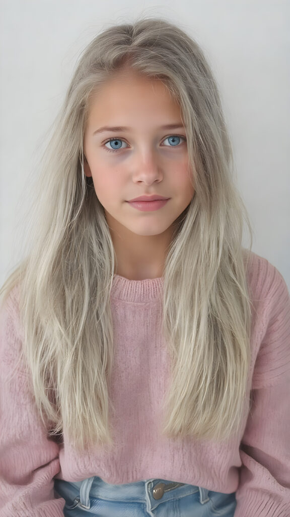 A (((beautiful, cute, and slender young girl))), age 18, with (light tan skin) and (very long, straight, thick, white golden blonde hair) (blowing in the breeze) that gives off a youthful glow, paired with (adorable puffy light blue eyes) that emit a sense of realism, all framed by a cozy (pastel color sweater) and (matching pastel blue jeans) cut in a (soft, pastel aesthetic) style that complements her (cheerful, happy expression) full body view