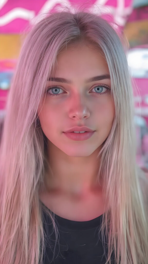 A (((beautiful young e-girl))), with ((extremely long, straight, thick, untucked soft pink hair)), and ((big, expressive, bright, natural green eyes)), that convey a sense of youthful allure. Her ((skin is flawless)), with ((perfect lips)) that add to her enchanting smile. She's ((busty)), with ((big, round, full, slightly parted lips)), that are just barely parted in a playful smile. Her ((almond skin)) adds to her ((natural beauty)), with ((long, sheer, thin, tight tank top)) that accentuates her ((female figure)), all against a backdrop of a (((bright neon pink))) cyberpunk scene
