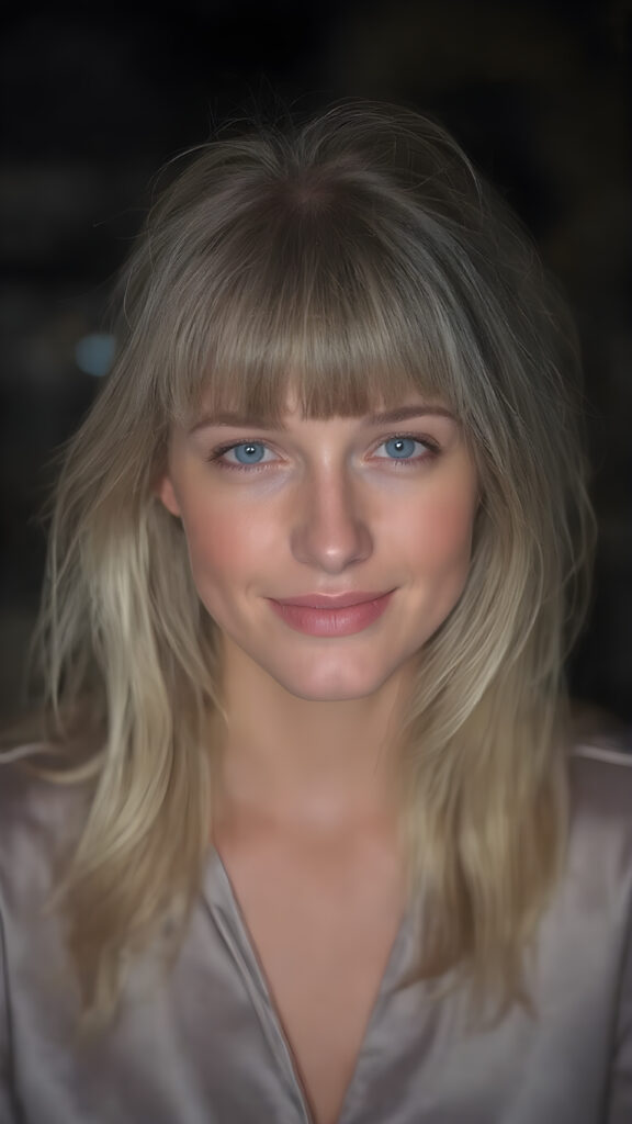 A (((beautiful young woman))) age 25, with flowing, (((straight blonde hair with bangs))), and (((shimmering blue eyes))), dressed in a sleek, ((silver blouse and blue jeans)), exuding an air of sophistication and confidence. Her (((perfect complexion))) complements her youthful features, giving off an ethereal glow. She's perfectly happy and content, smiling warmly for the camera. The scene is set against a backdrop of the (night), highlighting her face's intricate details.