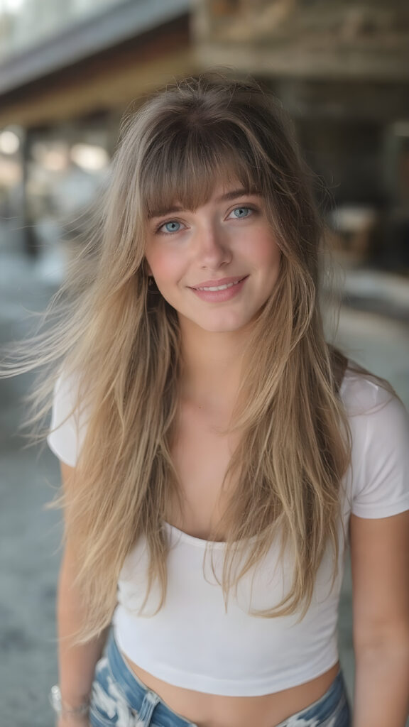 A (((beautiful young woman))), with (((light brown hair (long hair with bangs))), that gently waves in the (((soft breeze))) and (((big, brown eyes))), that sparkle and reflect (((the bright light and color of the surroundings))) in a (((cheerful smile))), she's dressed in a (((super short tight white T-shirt and tattered denim shorts))), that snugly fit her form, and she's posed standing