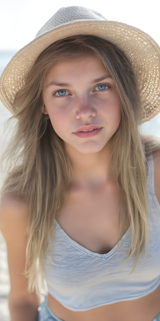 A (((beautiful young teen girl with exceptionally long, thick, straight blond brown hair, right and left the same length))), wearing (((light denim shorts, light grey cropped tank top, deep v-neck))), a ((sunhat))) that accentuates her (((perfectly curved figure))), with (pale skin) and (brightly blue eyes) that exude an air of youthful confidence and whimsy, complemented by (((white skin with barely visible freckles))), and (((full, defined lips))) that add a playful touch to her face. Her (((eyes are a captivating shade of blue))), yet they remain distinctly casual, with (long, straight wavy) that frame her face in a warm, inviting glow. The scene is a summer day at the beach, with the sun's rays reaching out towards her, reflecting off her hair and skin for a serene, sun-kissed glow. She has (((the most perfectly straight, level white teeth in the world))) that add to her overall beauty and complement her youthful appearance