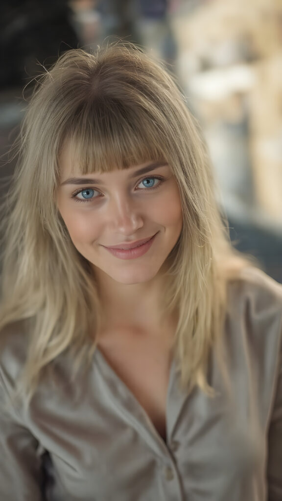 A (((beautiful young woman))) age 25, with flowing, (((straight blonde hair with bangs))), and (((shimmering blue eyes))), dressed in a sleek, ((silver blouse and blue jeans)), exuding an air of sophistication and confidence. Her (((perfect complexion))) complements her youthful features, giving off an ethereal glow. She's perfectly happy and content, smiling warmly for the camera. The scene is set against a backdrop of the (night), highlighting her face's intricate details.