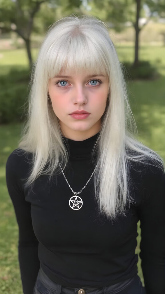 A (((beautiful young innocent girl))), with straight long platinum white hair, framing a softly curved waist she's got big bright and playful (((eyes))), that add a pop of colour to her overall look. Her lips are full and painted in (deep red) lipstick, accentuated by (shades of pink) eyeshadow that give off a glow. She's dressed in a ((black full sleeved and turtle necked t-shirt)) and ((tight fitting black denim jeans)), accessorised with a (silver pentagram necklace) and paired with (vividly coloured) high heeled shoes that match perfectly with her outfit, all against a sunny backdrop in a green park