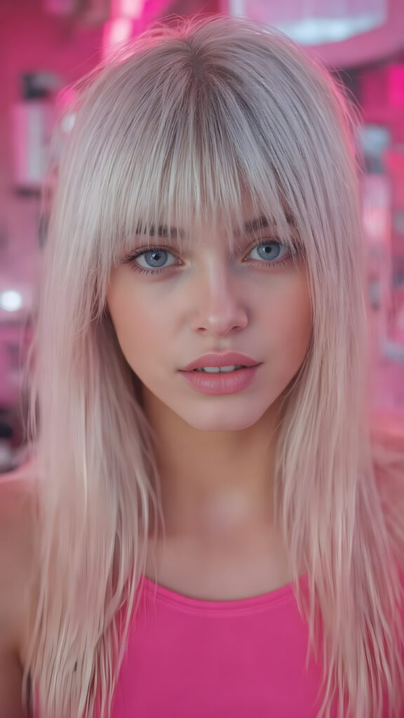 A (((beautiful young e-girl))), with ((extremely long, straight, thick, untucked soft pink hair)), and ((big, expressive, bright, natural pink eyes)), that convey a sense of youthful allure. Her ((skin is flawless)), with ((perfect pink lips)) that add to her enchanting smile. She's ((busty)), with ((big, round, full, slightly parted lips)), that are just barely parted in a playful smile. Her ((almond skin)) adds to her ((natural beauty)), with ((long, sheer, thin, tight pink tank top)) that accentuates her ((female figure)), all against a backdrop of a (((bright neon pink))) cyberpunk scene