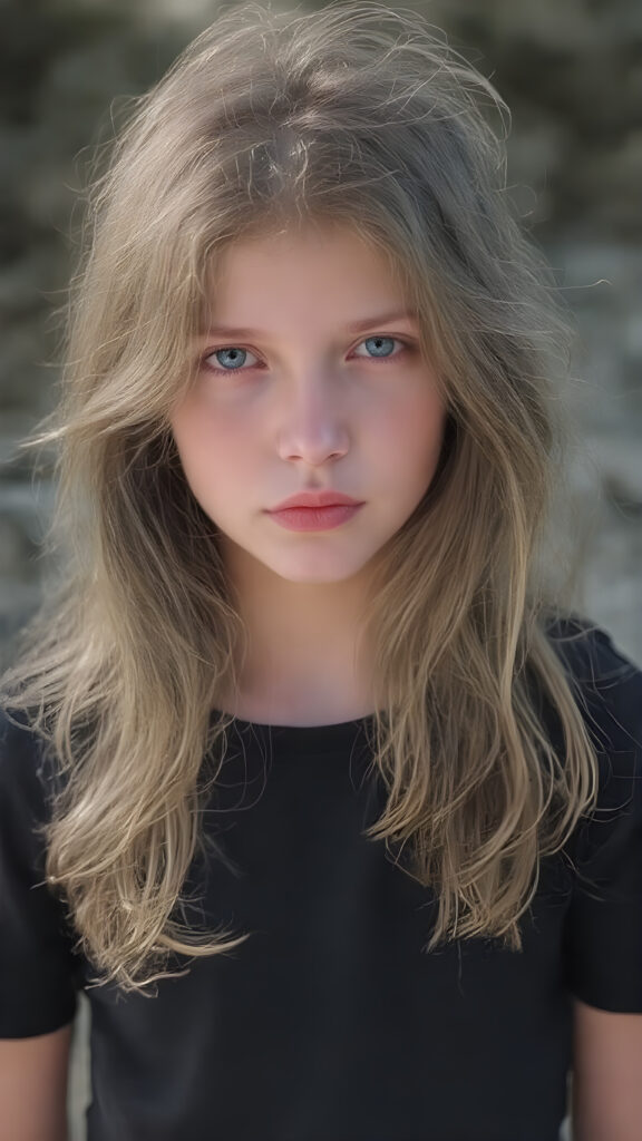 A (((beautiful young girl))), with (((flawlessly pale skin))), very long, wavy, softly curled hair that frames her face in a gentle curve, and full, plump red lips that add a hint of whimsy to her expression. Her eyes are (((light blue))), with a subtle hint of gray in their depths, reflecting an overall air of youthful innocence. She's dressed in a (((black T-shirt))), with the sleeves gently framed by a soft, contrasting glow, and denim shorts with a thin belt at the waist, which accentuates her slender frame. The outfit comes together to create a (((cool, toned look))), perfectly capturing the essence of a (((summer day at the beach))) for a young girl on the cusp of her teenage years, full body view, with the sun's rays striking her face, giving her an ethereal glow, misty atmosphere, 8K, UHD, perfect quality, perfect anatomy, highly detailed skin textures, realistic skin imperfections
