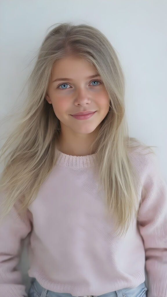 A (((beautiful, cute, and slender young girl))), age 18, with (light tan skin) and (very long, straight, thick, white golden blonde hair) (blowing in the breeze) that gives off a youthful glow, paired with (adorable puffy light blue eyes) that emit a sense of realism, all framed by a cozy (pastel color sweater) and (matching pastel blue jeans) cut in a (soft, pastel aesthetic) style that complements her (cheerful, happy expression) full body view