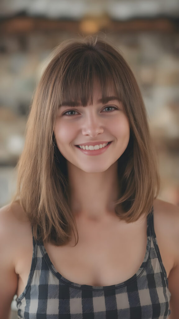 A (((beautiful girl))) with a round, ((full body)), and slightly red straight soft hair, dressed in a warm, inviting (((black and white checkered tank top))), which complements her happy expression as she poses confidently