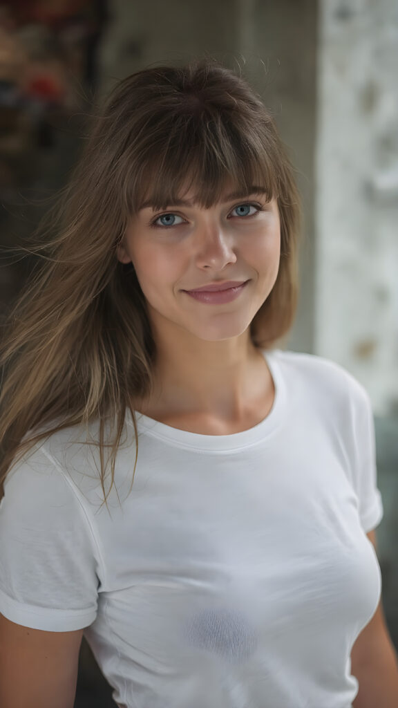 A (((beautiful young woman))), with (((light brown hair (long hair with bangs))), that gently waves in the (((soft breeze))) and (((big, brown eyes))), that sparkle and reflect (((the bright light and color of the surroundings))) in a (((cheerful smile))), she's dressed in a (((super short tight white T-shirt and tattered denim shorts))), that snugly fit her form, and she's posed standing