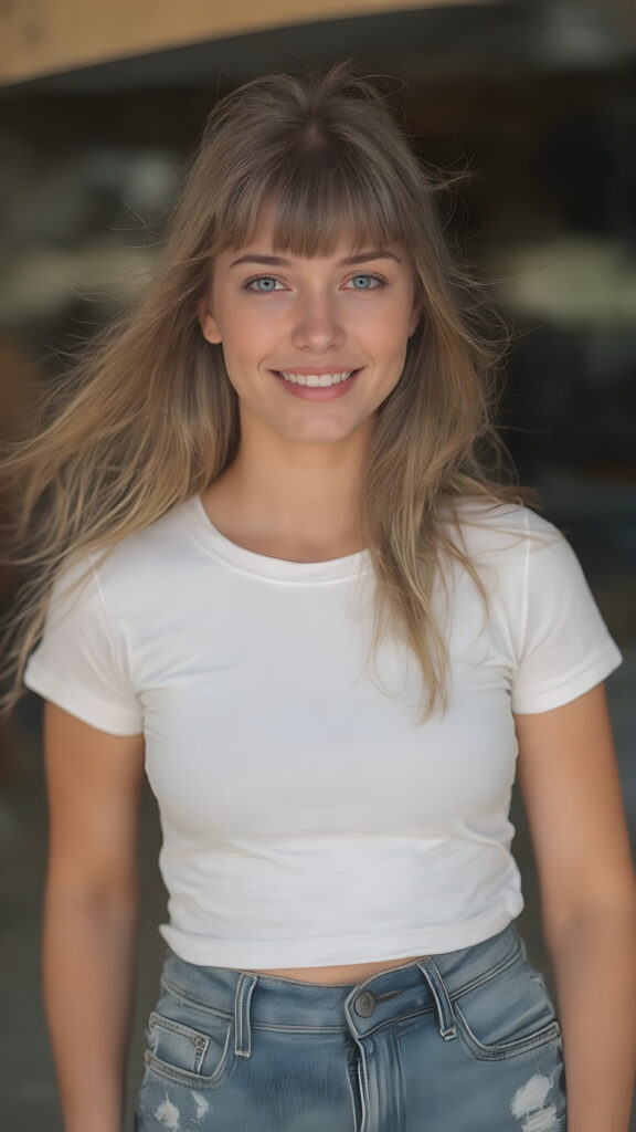 A (((beautiful young woman))), with (((light brown hair (long hair with bangs))), that gently waves in the (((soft breeze))) and (((big, brown eyes))), that sparkle and reflect (((the bright light and color of the surroundings))) in a (((cheerful smile))), she's dressed in a (((super short tight white T-shirt and tattered denim shorts))), that snugly fit her form, and she's posed standing