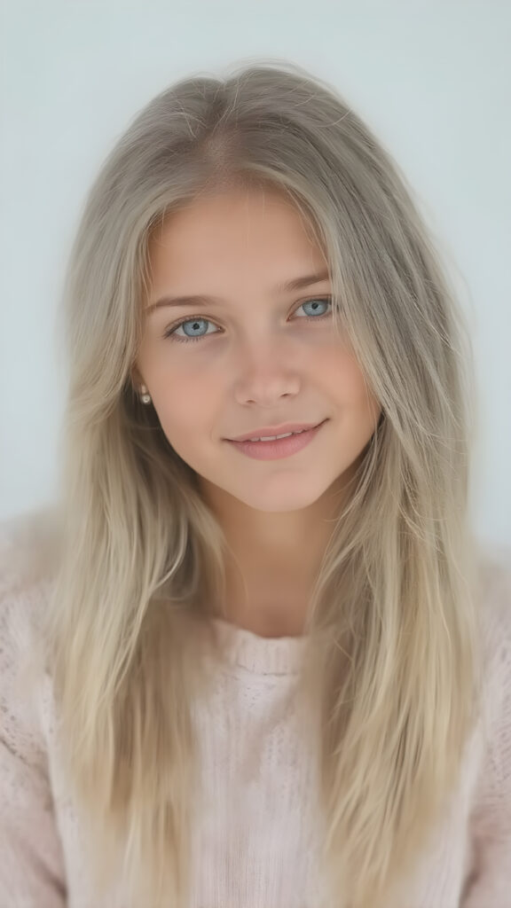 A (((beautiful, cute, and slender young girl))), age 18, with (light tan skin) and (very long, straight, thick, white golden blonde hair) (blowing in the breeze) that gives off a youthful glow, paired with (adorable puffy light blue eyes) that emit a sense of realism, all framed by a cozy (pastel color sweater) and (matching pastel blue jeans) cut in a (soft, pastel aesthetic) style that complements her (cheerful, happy expression) full body view