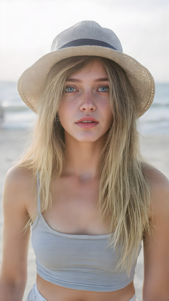 A (((beautiful girl with exceptionally long, thick, straight blond brown hair, right and left the same length))), wearing (((light denim shorts, grey cropped tank top))), a ((sunhat))) that accentuates her (((perfectly curved figure))), with (pale skin) and (brightly blue eyes) that exude an air of youthful confidence and whimsy, complemented by (((white skin with barely visible freckles))), and (((full, defined lips))) that add a playful touch to her face. Her (((eyes are a captivating shade of blue))), yet they remain distinctly casual, with (long, straight wavy) that frame her face in a warm, inviting glow. The scene is a summer day at the beach, with the sun's rays reaching out towards her, reflecting off her hair and skin for a serene, sun-kissed glow. She has (((the most perfectly straight, level white teeth in the world))) that add to her overall beauty and complement her youthful appearance