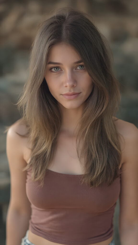 A (((beautiful cute provocative girlie))) (((full body view))) with long, brown shoulder-length jet soft flowing hair, ((dark brown eyes)) that convey a sense of warmth and playfulness, dressed in a (((tight, form-fitting tank top))), which emphasizes her perfect body in a tasteful, ((sunny backdrop)) (((perfect hands))) that convey a sense of warmth and elegance