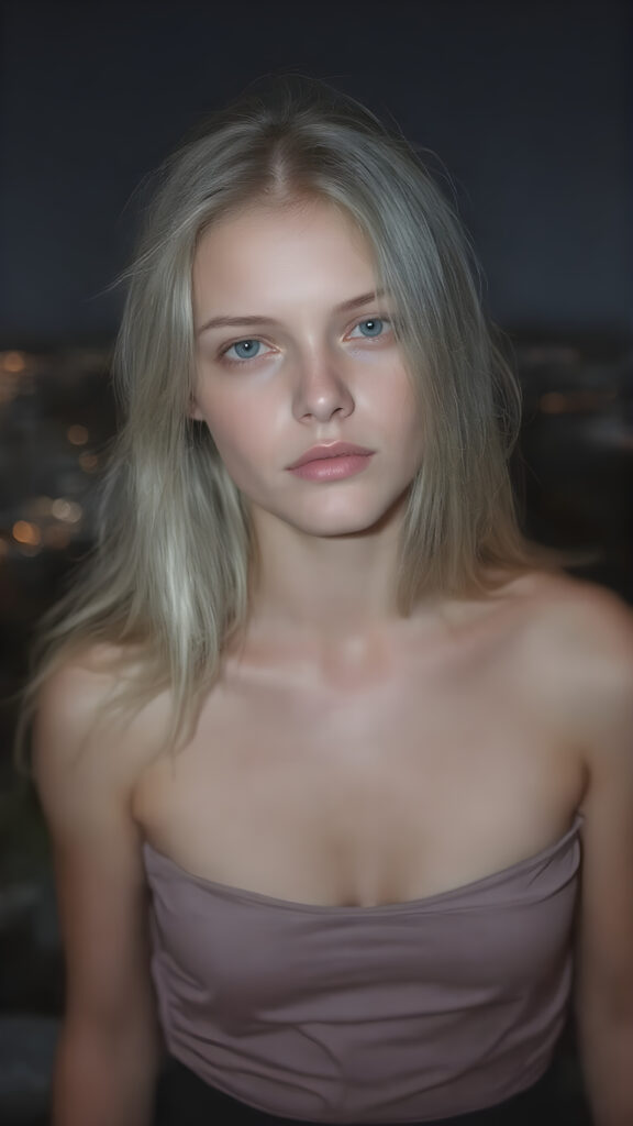 A (((beautiful girl))), age 18, with flowing (((white blonde hair))), straight and smooth hair that extends down to her shoulders, capturing light and emphasizing her face's delicate features. Her skin is a (pale) light blue, with slightly soft (smooth) lines that reflect the sun's rays, enhancing her face's natural beauty. Her lips are a (soft) light blue, with (straight) lines that match the texture of her skin. She wears a (low-cut) silk t-shirt and a (tightly tied) black skirt, both of which highlight her flawless figure and natural beauty. The scene is set at night on a (mountain top) overlooking the city below, under a (starry sky) backdrop, perfect for a romantic evening