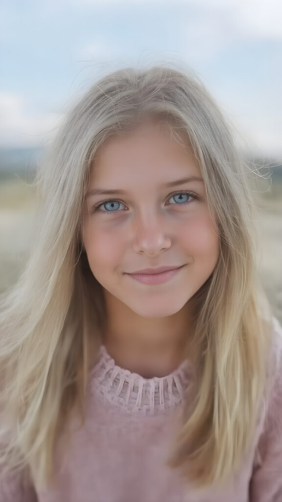 A (((beautiful, cute, and slender young girl))), age 18, with (light tan skin) and (very long, straight, thick, white golden blonde hair) (blowing in the breeze) that gives off a youthful glow, paired with (adorable puffy light blue eyes) that emit a sense of realism, all framed by a cozy (pastel color sweater) and (matching pastel blue jeans) cut in a (soft, pastel aesthetic) style that complements her (cheerful, happy expression) full body view