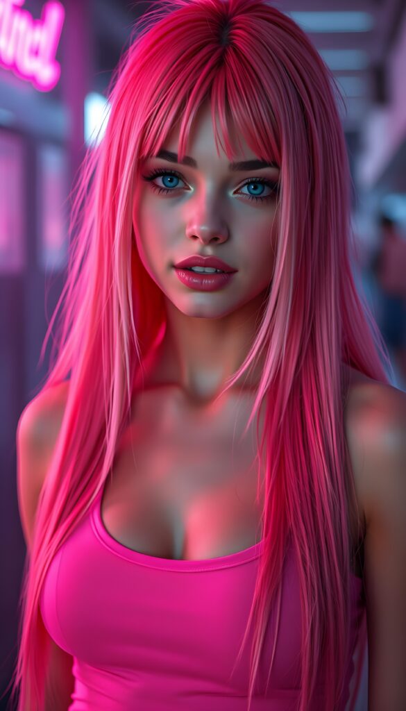 A (((beautiful young e-girl))), with ((extremely long, straight, thick, untucked soft neon red and pink hair)), and ((big, expressive, bright, natural blue eyes)), that convey a sense of youthful allure. Her ((skin is flawless)), with ((perfect pink lips)) that add to her enchanting smile. She's ((busty)), with ((big, round, full, slightly parted lips)), that are just barely parted in a playful smile. Her ((almond skin)) adds to her ((natural beauty)), with ((long, sheer, thin, tight pink tank top)) that accentuates her ((female figure)), all against a backdrop of a (((bright neon pink))) cyberpunk scene. Her mouth is slightly open. White teeth. Full lips. She stands in front of the viewer.