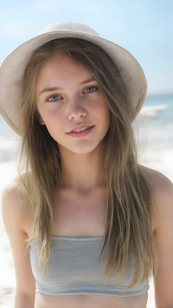 A (((beautiful girl with exceptionally long, thick, straight blond brown hair, right and left the same length))), wearing (((light denim shorts, grey cropped tank top))), a ((sunhat))) that accentuates her (((perfectly curved figure))), with (pale skin) and (brightly blue eyes) that exude an air of youthful confidence and whimsy, complemented by (((white skin with barely visible freckles))), and (((full, defined lips))) that add a playful touch to her face. Her (((eyes are a captivating shade of blue))), yet they remain distinctly casual, with (long, straight wavy) that frame her face in a warm, inviting glow. The scene is a summer day at the beach, with the sun's rays reaching out towards her, reflecting off her hair and skin for a serene, sun-kissed glow. She has (((the most perfectly straight, level white teeth in the world))) that add to her overall beauty and complement her youthful appearance