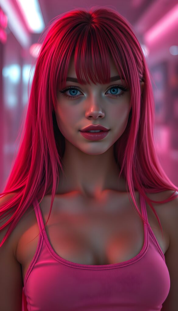 A (((beautiful young e-girl))), with ((extremely long, straight, thick, untucked soft neon red and pink hair)), and ((big, expressive, bright, natural blue eyes)), that convey a sense of youthful allure. Her ((skin is flawless)), with ((perfect pink lips)) that add to her enchanting smile. She's ((busty)), with ((big, round, full, slightly parted lips)), that are just barely parted in a playful smile. Her ((almond skin)) adds to her ((natural beauty)), with ((long, sheer, thin, tight pink tank top)) that accentuates her ((female figure)), all against a backdrop of a (((bright neon pink))) cyberpunk scene. Her mouth is slightly open. White teeth. Full lips. She stands in front of the viewer.