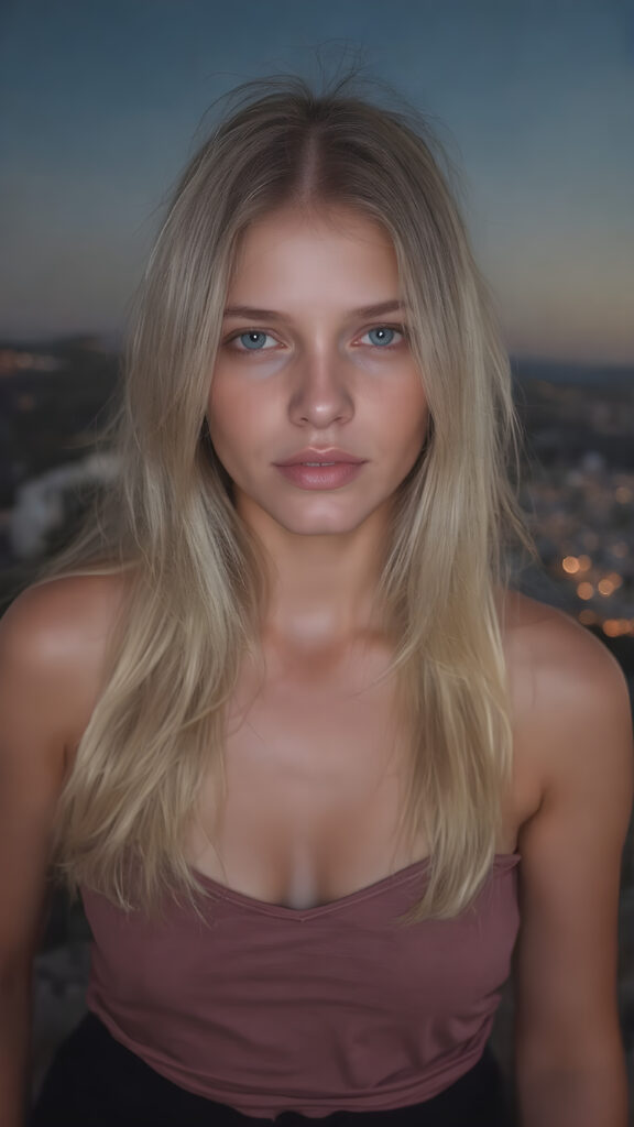 A (((beautiful girl))), age 18, with flowing (((white blonde hair))), straight and smooth hair that extends down to her shoulders, capturing light and emphasizing her face's delicate features. Her skin is a (pale) light blue, with slightly soft (smooth) lines that reflect the sun's rays, enhancing her face's natural beauty. Her lips are a (soft) light blue, with (straight) lines that match the texture of her skin. She wears a (low-cut) silk t-shirt and a (tightly tied) black skirt, both of which highlight her flawless figure and natural beauty. The scene is set at night on a (mountain top) overlooking the city below, under a (starry sky) backdrop, perfect for a romantic evening
