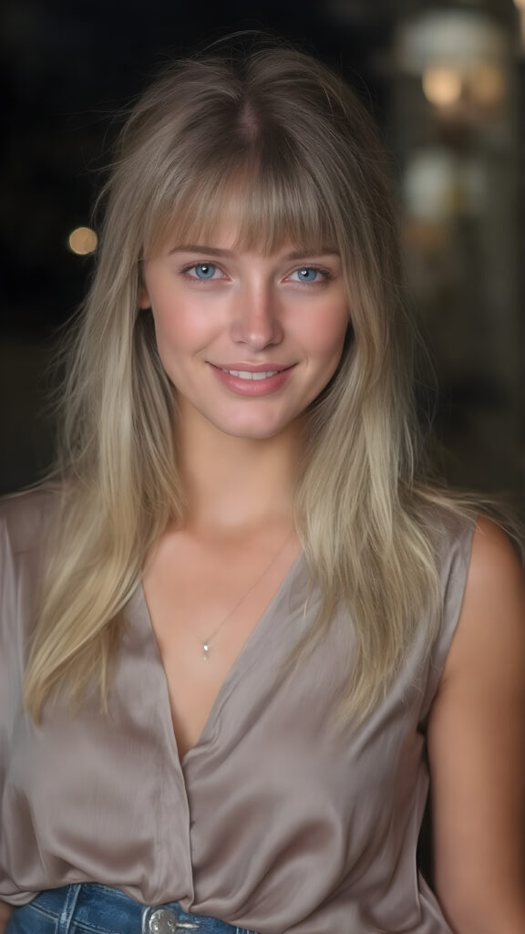 A (((beautiful young woman))) age 25, with flowing, (((straight blonde hair with bangs))), and (((shimmering blue eyes))), dressed in a sleek, ((silver blouse and blue jeans)), exuding an air of sophistication and confidence. Her (((perfect complexion))) complements her youthful features, giving off an ethereal glow. She's perfectly happy and content, smiling warmly for the camera. The scene is set against a backdrop of the (night), highlighting her face's intricate details.