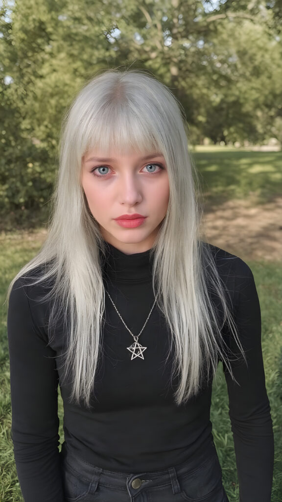 A (((beautiful young innocent girl))), with straight long platinum white hair, framing a softly curved waist she's got big bright and playful (((eyes))), that add a pop of colour to her overall look. Her lips are full and painted in (deep red) lipstick, accentuated by (shades of pink) eyeshadow that give off a glow. She's dressed in a ((black full sleeved and turtle necked t-shirt)) and ((tight fitting black denim jeans)), accessorised with a (silver pentagram necklace) and paired with (vividly coloured) high heeled shoes that match perfectly with her outfit, all against a sunny backdrop in a green park