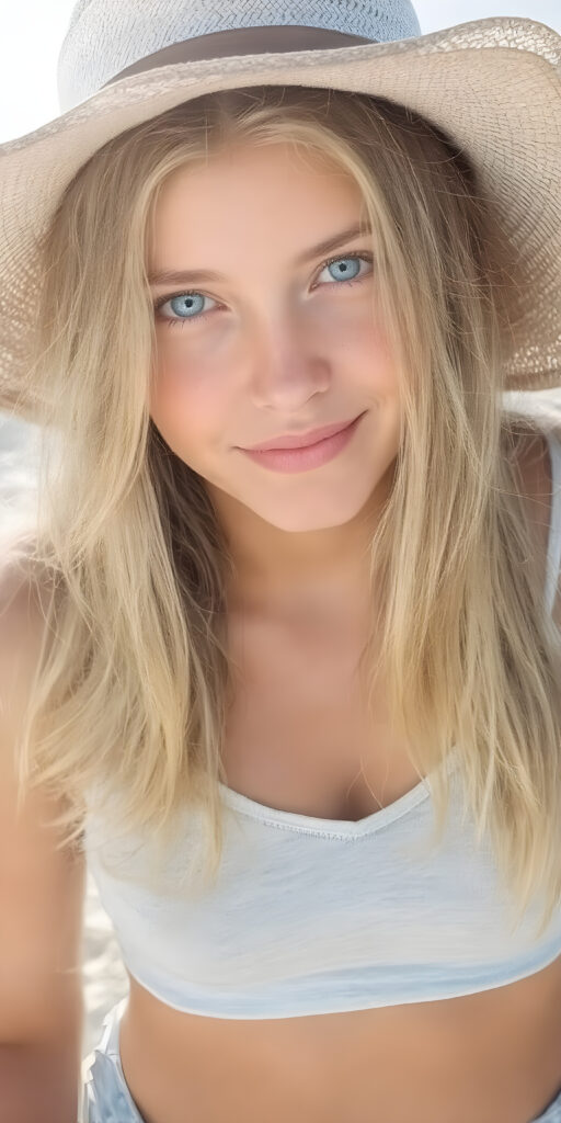 A (((beautiful young teen girl with exceptionally long, thick, straight blond brown hair, right and left the same length))), wearing (((light denim shorts, light grey cropped tank top, deep v-neck))), a ((sunhat))) that accentuates her (((perfectly curved figure))), with (pale skin) and (brightly blue eyes) that exude an air of youthful confidence and whimsy, complemented by (((white skin with barely visible freckles))), and (((full, defined lips))) that add a playful touch to her face. Her (((eyes are a captivating shade of blue))), yet they remain distinctly casual, with (long, straight wavy) that frame her face in a warm, inviting glow. The scene is a summer day at the beach, with the sun's rays reaching out towards her, reflecting off her hair and skin for a serene, sun-kissed glow. She has (((the most perfectly straight, level white teeth in the world))) that add to her overall beauty and complement her youthful appearance