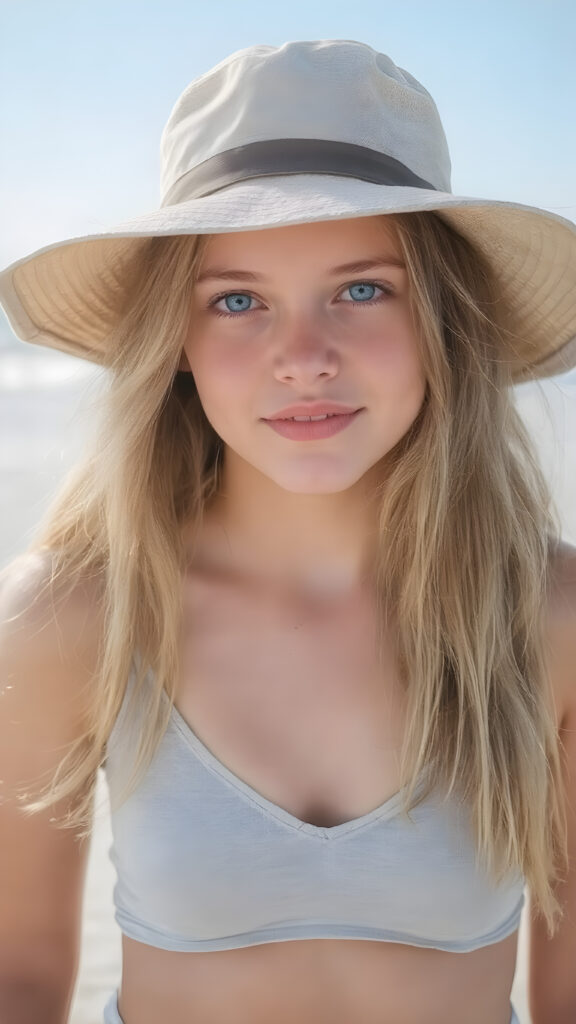 A (((beautiful young teen girl with exceptionally long, thick, straight blond brown hair, right and left the same length))), wearing (((light denim shorts, light grey cropped tank top, deep v-neck))), a ((sunhat))) that accentuates her (((perfectly curved figure))), with (pale skin) and (brightly blue eyes) that exude an air of youthful confidence and whimsy, complemented by (((white skin with barely visible freckles))), and (((full, defined lips))) that add a playful touch to her face. Her (((eyes are a captivating shade of blue))), yet they remain distinctly casual, with (long, straight wavy) that frame her face in a warm, inviting glow. The scene is a summer day at the beach, with the sun's rays reaching out towards her, reflecting off her hair and skin for a serene, sun-kissed glow. She has (((the most perfectly straight, level white teeth in the world))) that add to her overall beauty and complement her youthful appearance