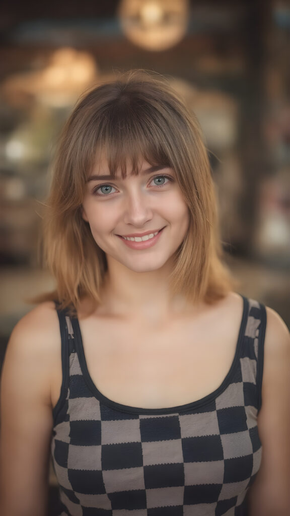 A (((beautiful girl))) with a round, ((full body)), and slightly red straight soft hair, dressed in a warm, inviting (((black and white checkered chess tank top))), which complements her happy expression as she poses confidently