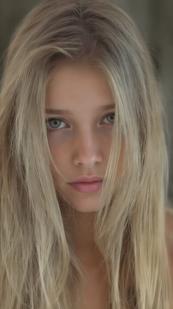 A (((beautiful young girl))) with (((extremely long, thick, cascading blonde hair))), which flows down to her waist and covers her front upper body, paired with (((brown, sand-colored eyes))), that convey a sense of tranquility. Her focus is on the camera, with a slightly turned head and a level of detail that suggests a (professional studio photo). The setting is a (side profile), with a hint of a gentle smile, full body view