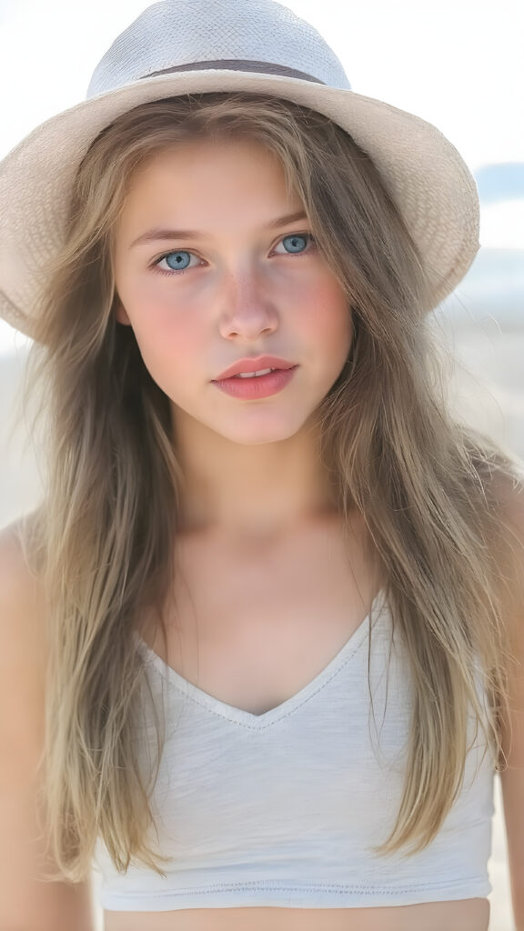 A (((beautiful young teen girl with exceptionally long, thick, straight blond brown hair, right and left the same length))), wearing (((light denim shorts, light grey cropped tank top, deep v-neck))), a ((sunhat))) that accentuates her (((perfectly curved figure))), with (pale skin) and (brightly blue eyes) that exude an air of youthful confidence and whimsy, complemented by (((white skin with barely visible freckles))), and (((full, defined lips))) that add a playful touch to her face. Her (((eyes are a captivating shade of blue))), yet they remain distinctly casual, with (long, straight wavy) that frame her face in a warm, inviting glow. The scene is a summer day at the beach, with the sun's rays reaching out towards her, reflecting off her hair and skin for a serene, sun-kissed glow. She has (((the most perfectly straight, level white teeth in the world))) that add to her overall beauty and complement her youthful appearance