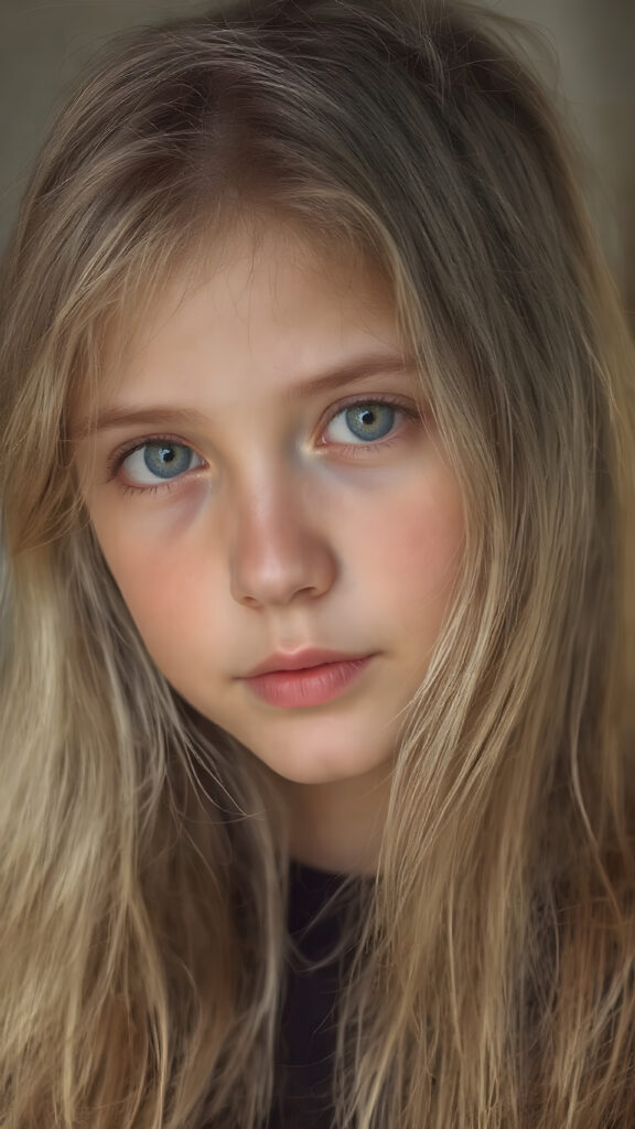 A (((beautiful young girl))) with (((extremely long, thick, cascading blonde hair))), which flows down to her waist and covers her front upper body, paired with (((brown, sand-colored eyes))), that convey a sense of tranquility. Her focus is on the camera, with a slightly turned head and a level of detail that suggests a (professional studio photo). The setting is a (side profile), with a hint of a gentle smile, full body view