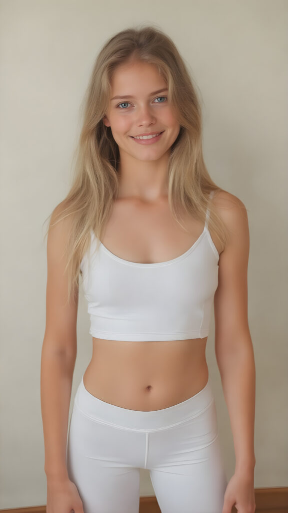 A beautiful (((girl) with an average but athletic build, showcasing toned legs and a sleek, sexy, yet delicate (tight white sport spaghetti tank top) that accentuates her natural body and gives off a youthful glow, paired with (white tights pants) that add to the overall aesthetic. Her hair is a (((light blonde))), flowing down her back in a soft, ethereal (décolleté) that complements the overall image, and she poses confidently with a warm smile directed at the viewer