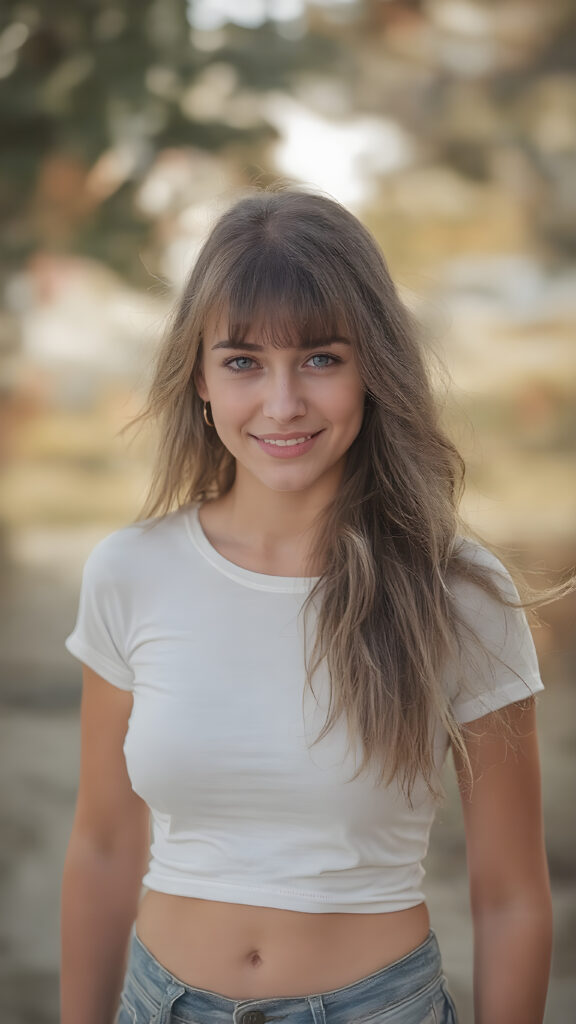 A (((beautiful young woman))), with (((light brown hair (long hair with bangs))), that gently waves in the (((soft breeze))) and (((big, brown eyes))), that sparkle and reflect (((the bright light and color of the surroundings))) in a (((cheerful smile))), she's dressed in a (((super short tight white T-shirt and tattered denim shorts))), that snugly fit her form, and she's posed standing