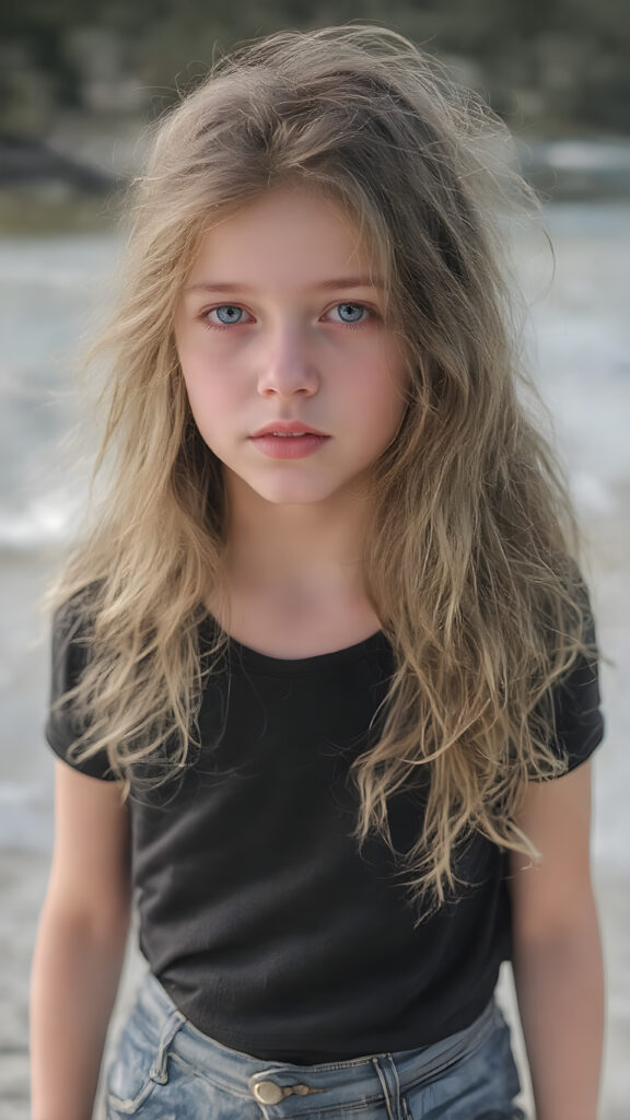 A (((beautiful young girl))), with (((flawlessly pale skin))), very long, wavy, softly curled hair that frames her face in a gentle curve, and full, plump red lips that add a hint of whimsy to her expression. Her eyes are (((light blue))), with a subtle hint of gray in their depths, reflecting an overall air of youthful innocence. She's dressed in a (((black T-shirt))), with the sleeves gently framed by a soft, contrasting glow, and denim shorts with a thin belt at the waist, which accentuates her slender frame. The outfit comes together to create a (((cool, toned look))), perfectly capturing the essence of a (((summer day at the beach))) for a young girl on the cusp of her teenage years, full body view, with the sun's rays striking her face, giving her an ethereal glow, misty atmosphere, 8K, UHD, perfect quality, perfect anatomy, highly detailed skin textures, realistic skin imperfections