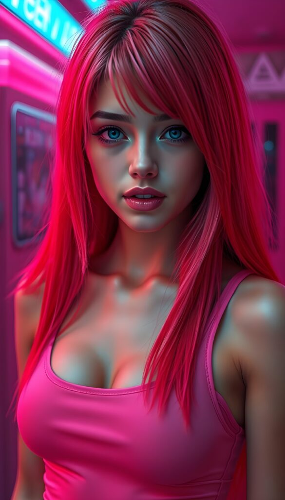 A (((beautiful young e-girl))), with ((extremely long, straight, thick, untucked soft neon red and pink hair)), and ((big, expressive, bright, natural blue eyes)), that convey a sense of youthful allure. Her ((skin is flawless)), with ((perfect pink lips)) that add to her enchanting smile. She's ((busty)), with ((big, round, full, slightly parted lips)), that are just barely parted in a playful smile. Her ((almond skin)) adds to her ((natural beauty)), with ((long, sheer, thin, tight pink tank top)) that accentuates her ((female figure)), all against a backdrop of a (((bright neon pink))) cyberpunk scene. Her mouth is slightly open. White teeth. Full lips. She stands in front of the viewer.
