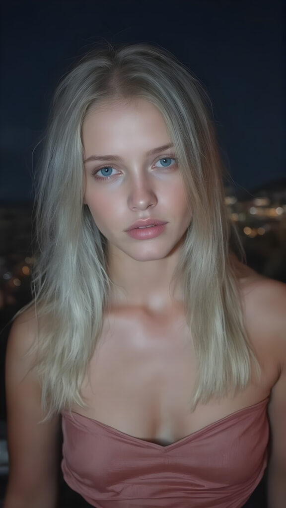 A (((beautiful girl))), age 18, with flowing (((white blonde hair))), straight and smooth hair that extends down to her shoulders, capturing light and emphasizing her face's delicate features. Her skin is a (pale) light blue, with slightly soft (smooth) lines that reflect the sun's rays, enhancing her face's natural beauty. Her lips are a (soft) light blue, with (straight) lines that match the texture of her skin. She wears a (low-cut) silk t-shirt and a (tightly tied) black skirt, both of which highlight her flawless figure and natural beauty. The scene is set at night on a (mountain top) overlooking the city below, under a (starry sky) backdrop, perfect for a romantic evening