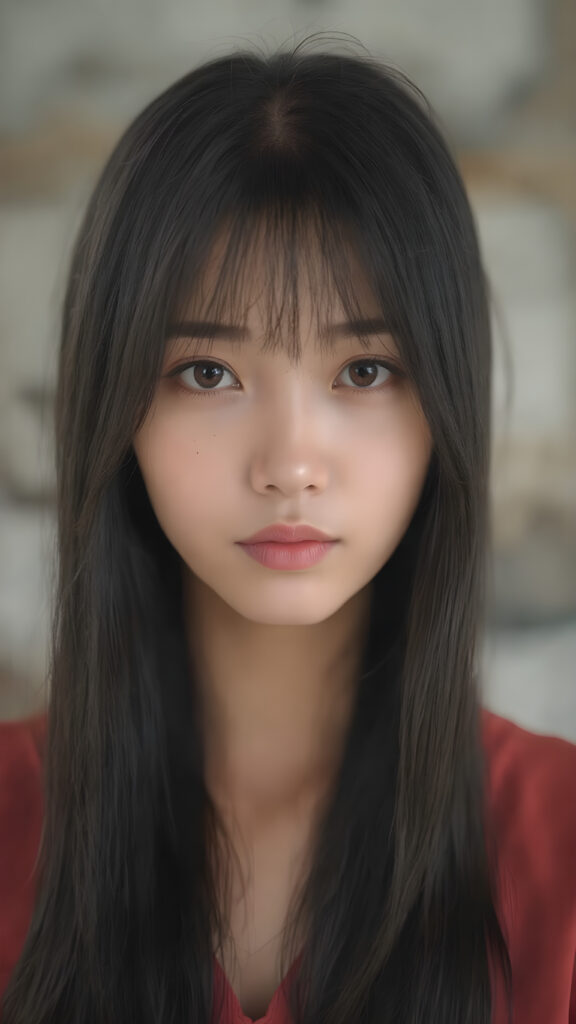 A (((beautiful Asian girl))) who exudes an air of youthful confidence, with (((long, straight silky black hair))), that falls in soft, gentle waves framing her face, complemented by delicate, (((freckles))). Her features are (((perfectly symmetrical))), with (((bright, piercing red eyes))), that gives off an ethereal glow. Looking directly into the camera, she emits an unmistakable air of elegance and grace. (((Full body view))) The overall atmosphere of the photograph is one of (extreme detail and clarity) that reflects a (hyper realistic and hyper detailed rendering) of this stunningly beautiful scene, showcasing this breathtaking girl in a truly unforgettable moment.