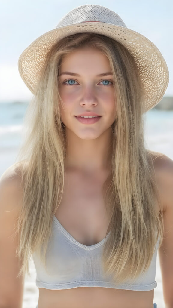 A (((beautiful young teen girl with exceptionally long, thick, straight blond brown hair, right and left the same length))), wearing (((light denim shorts, light grey cropped tank top, deep v-neck))), a ((sunhat))) that accentuates her (((perfectly curved figure))), with (pale skin) and (brightly blue eyes) that exude an air of youthful confidence and whimsy, complemented by (((white skin with barely visible freckles))), and (((full, defined lips))) that add a playful touch to her face. Her (((eyes are a captivating shade of blue))), yet they remain distinctly casual, with (long, straight wavy) that frame her face in a warm, inviting glow. The scene is a summer day at the beach, with the sun's rays reaching out towards her, reflecting off her hair and skin for a serene, sun-kissed glow. She has (((the most perfectly straight, level white teeth in the world))) that add to her overall beauty and complement her youthful appearance