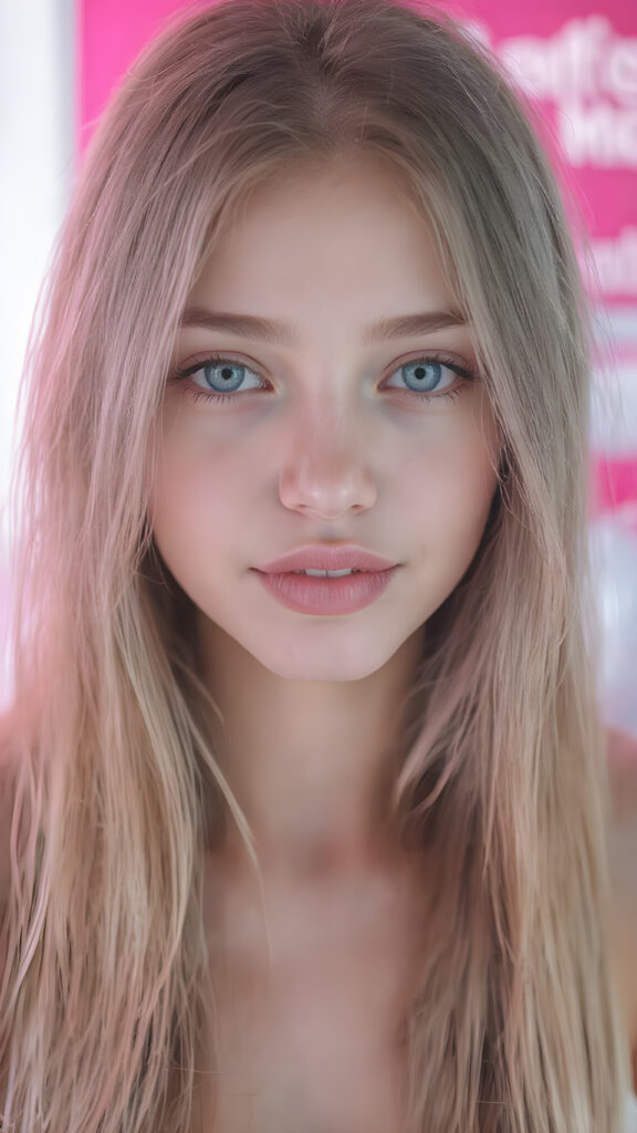 A (((beautiful young e-girl))), with ((extremely long, straight, thick, untucked soft pink hair)), and ((big, expressive, bright, natural green eyes)), that convey a sense of youthful allure. Her ((skin is flawless)), with ((perfect lips)) that add to her enchanting smile. She's ((busty)), with ((big, round, full, slightly parted lips)), that are just barely parted in a playful smile. Her ((almond skin)) adds to her ((natural beauty)), with ((long, sheer, thin, tight tank top)) that accentuates her ((female figure)), all against a backdrop of a (((bright neon pink))) cyberpunk scene