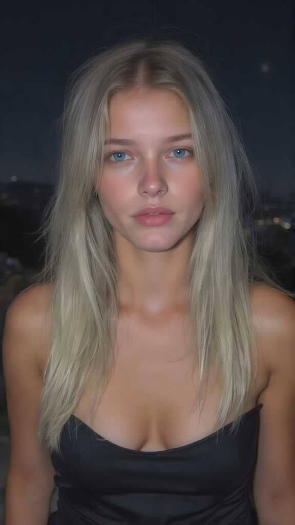 A (((beautiful girl))), age 18, with flowing (((white blonde hair))), straight and smooth hair that extends down to her shoulders, capturing light and emphasizing her face's delicate features. Her skin is a (pale) light blue, with slightly soft (smooth) lines that reflect the sun's rays, enhancing her face's natural beauty. Her lips are a (soft) light blue, with (straight) lines that match the texture of her skin. She wears a (low-cut) silk t-shirt and a (tightly tied) black skirt, both of which highlight her flawless figure and natural beauty. The scene is set at night on a (mountain top) overlooking the city below, under a (starry sky) backdrop, perfect for a romantic evening