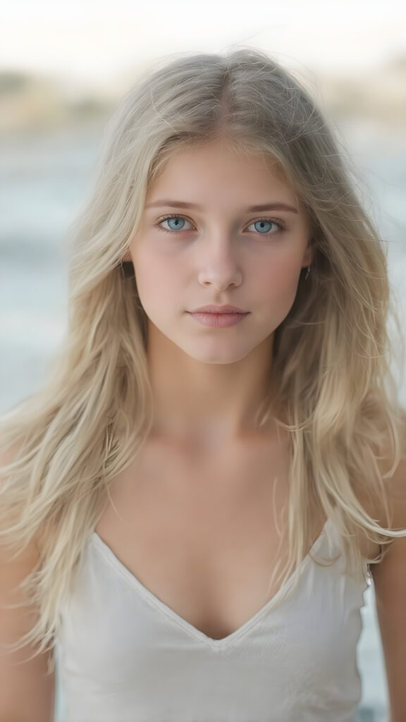 A (((beautiful, cute, and slender young girl))), age 18, with (light tan skin) and (very long, straight, thick, white golden blonde hair) (blowing in the breeze) that gives off a youthful glow, paired with (adorable puffy light blue eyes) that emit a sense of realism, all framed by a cozy (pastel color cropped short spaghetti tank top, deep v-neck) and (matching pastel blue jeans) cut in a (soft, pastel aesthetic) style that complements her (cheerful, happy expression) full body view