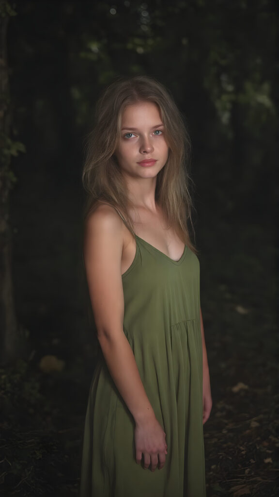 A (((beautiful girl))) in a ((forest at night)), with ((pale skin)) and ((brightly colored eyes)), dressed in a flowing (((long green dress))), which gently billows around her form, accentuating her slender figure and softly illuminated by the glow of (natural forest light)